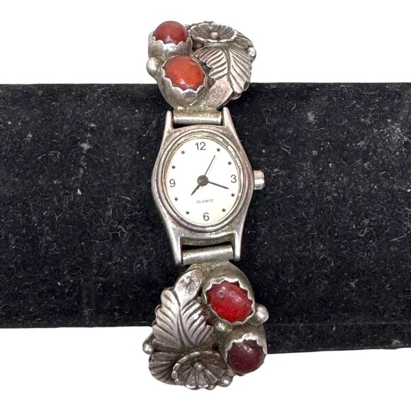 Vtg Navajo LY L Yazzie Sterling Silver Womens Watch Southwest Coral Red Floral 7 - Picture 1 of 8